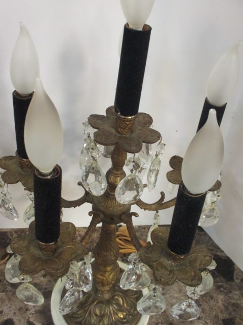 Pair of Electric Hollywood Regency Style 5 Lite Candelabras with Prisms - 6