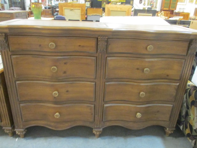 Distressed Finish French Country Style Double Chest: 68" x 20 1/2" x 45 1/2", eight drawers, serpentine front, some finish wear to top-see pictures and preview, Local Pickup Only