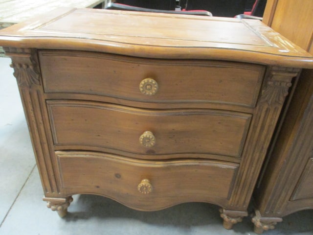Distressed Finish French Country Style 3 Drawer Nightstand: 33" x 19 1/2" x 30 1/2", serpentine front, some finish wear to top-see pictures and preview, Local Pickup Only