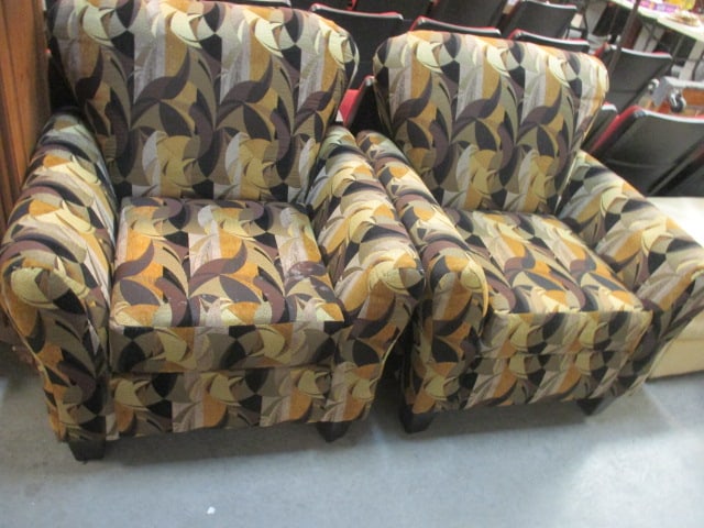 Pair of Hughes Furniture Co. Geometric Pattern Upholstered Arm Chairs: 34"w, some spot cleaning needed, Local Pickup Only