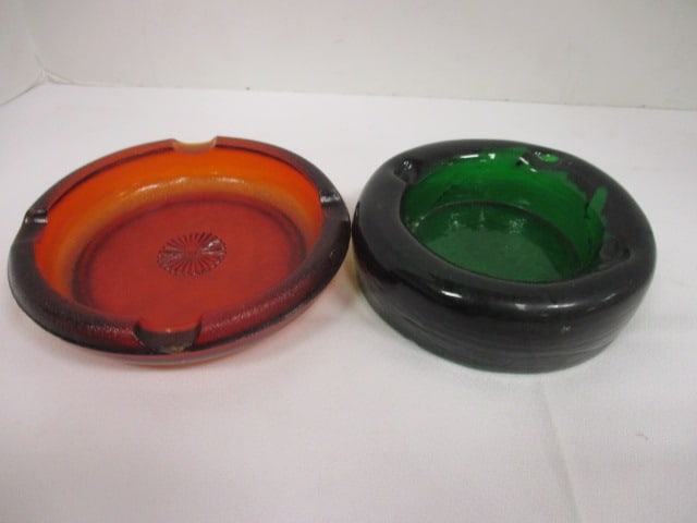 Heavy Green Art Glass Ashtray and Amber Glass Ashtray (1 of 4)