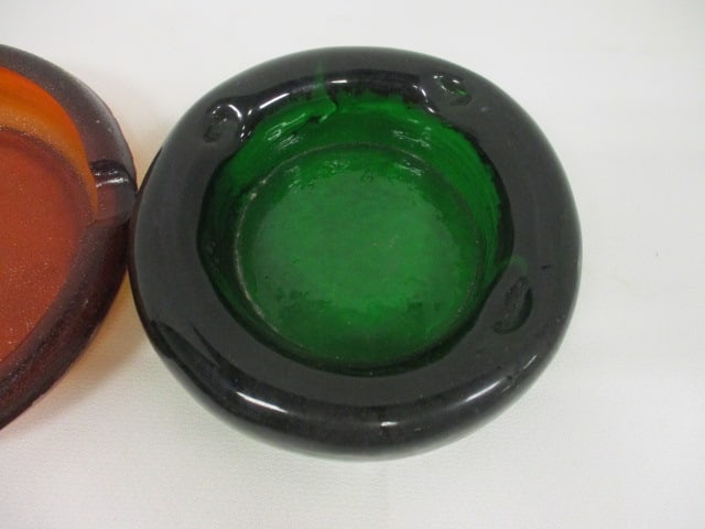 Heavy Green Art Glass Ashtray and Amber Glass Ashtray - 2