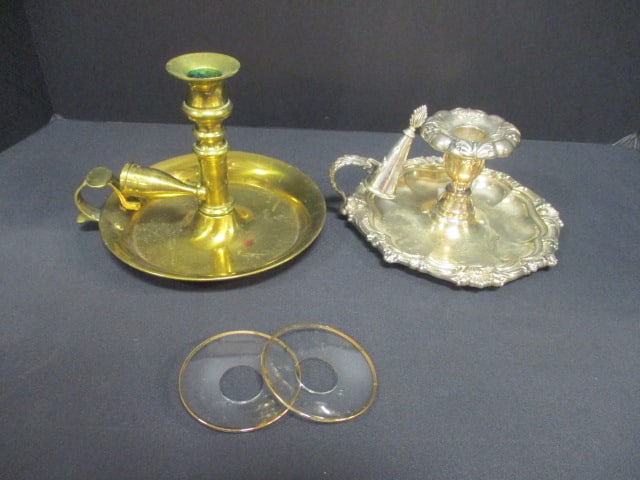 Silverplate and Brass Chamberstick Candle Holders with Candle Snuffers (1 of 9)