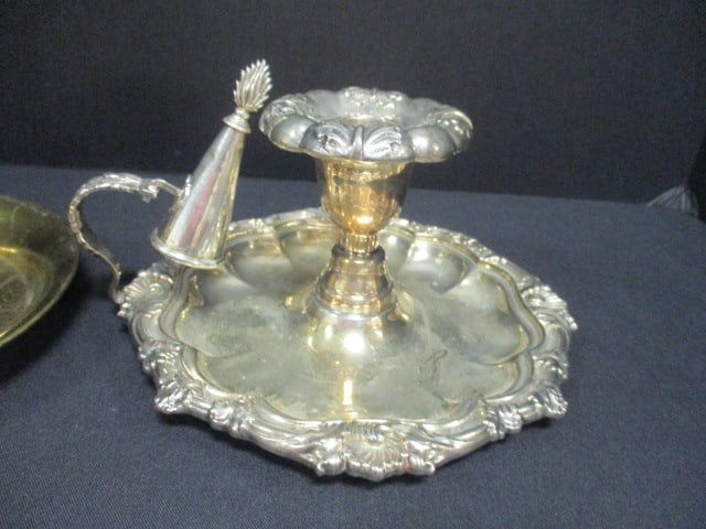 Silverplate and Brass Chamberstick Candle Holders with Candle Snuffers - 3