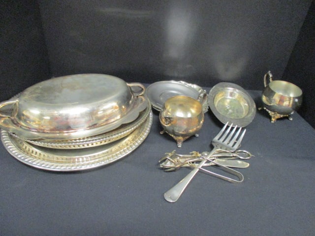 Silverplate Creamer and Sugar, Trays, Covered Dish and Serving Utensils: .