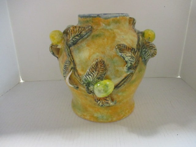 Majolica Style Pottery Vase with Applied Lemons: 9 1/2"h