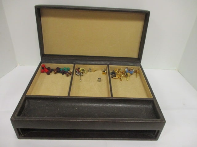 Leatherette Men's Dresser Valet Jewelry Box: 13" x 9 1/2" x 4 3/4", includes several pair of cuff links and lapel pins