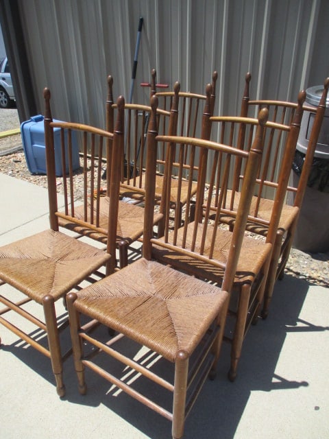 Six Spindle Back Mule Ear Chairs with Rush Seats: 18 1/2"w, one chair missing a spindle and one chair has some loose rush, Local Pickup Only