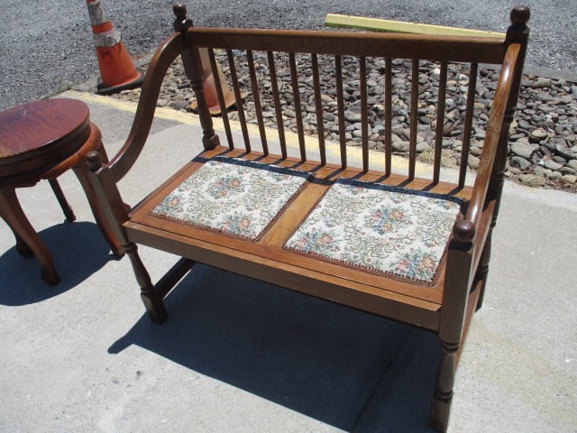 Spindle Back Deacon's Bench: 38 1/4" long, tapestry seats, Local Pickup Only