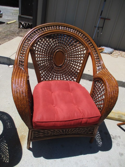 Pair of Ratan Arm Chairs and One Ottoman/Table with Woven Sunburst Design - 2