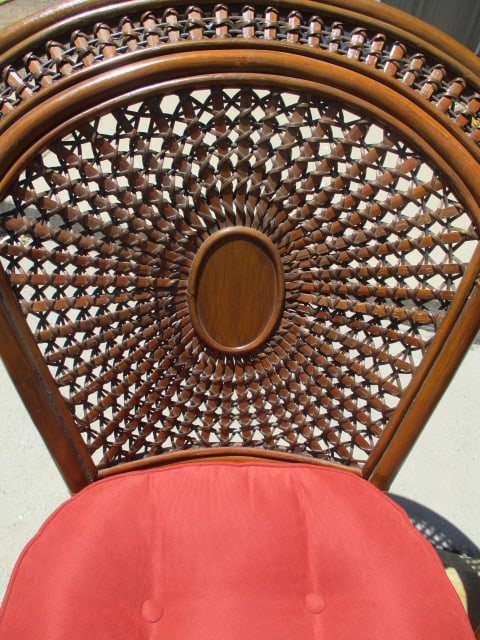 Pair of Ratan Arm Chairs and One Ottoman/Table with Woven Sunburst Design - 3