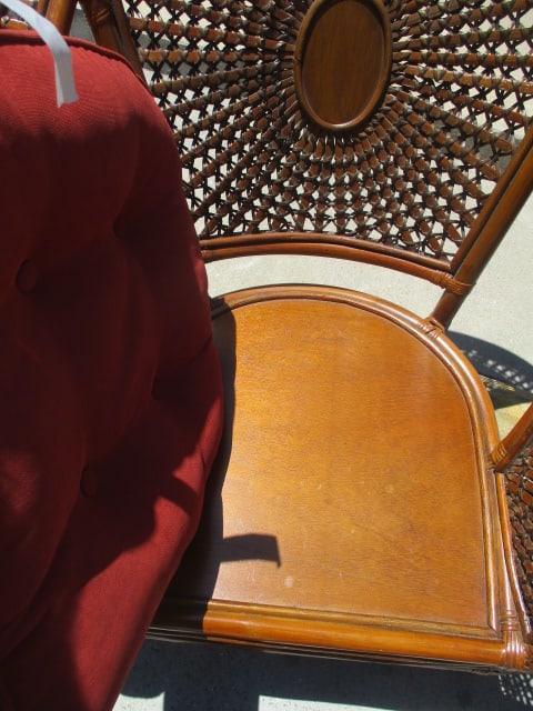 Pair of Ratan Arm Chairs and One Ottoman/Table with Woven Sunburst Design - 4