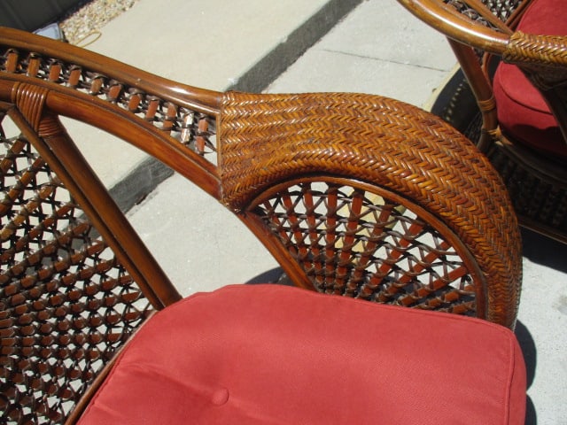 Pair of Ratan Arm Chairs and One Ottoman/Table with Woven Sunburst Design - 5