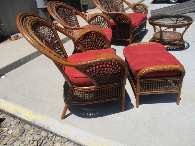 Pair of Ratan Arm Chairs and One Ottoman/Table with Woven Sunburst Design - 6