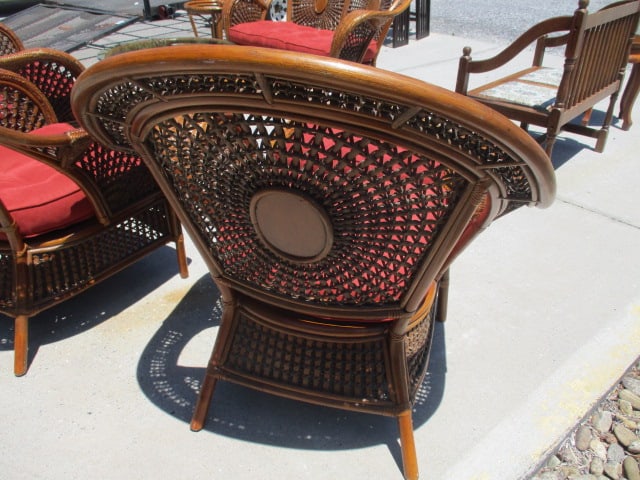 Pair of Ratan Arm Chairs and One Ottoman/Table with Woven Sunburst Design - 7