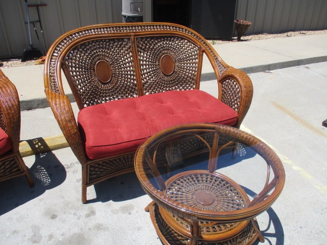 Ratan Love Seat and Coffee Table with Woven Sunburst Design (1 of 8)
