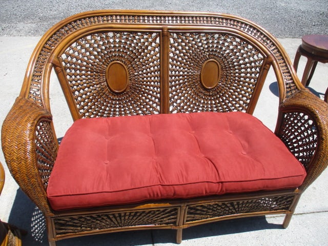 Ratan Love Seat and Side Table with Woven Sunburst Design - 2