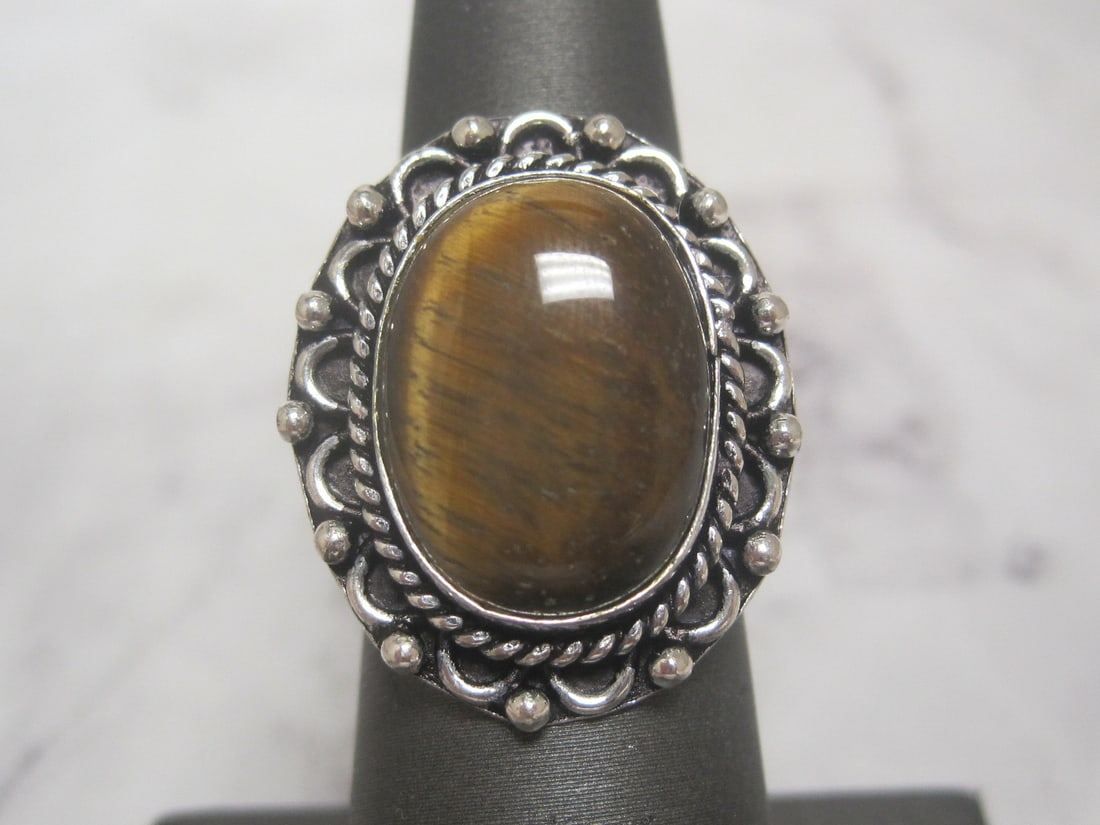 Metal German Silver Tiger Eye Ring: Size 6