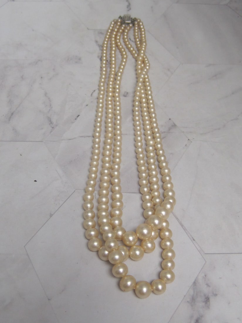 Antique Triple Strand Pearl Necklace with 10k Gold Clasp: .