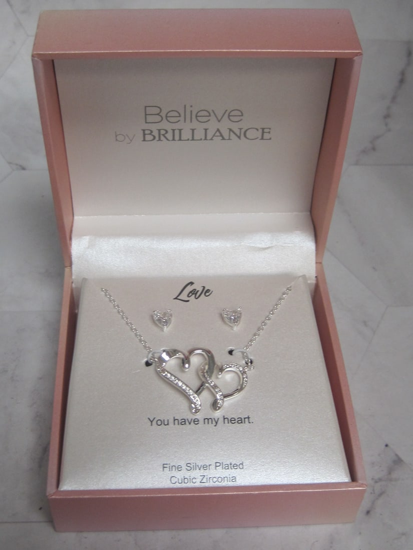 New Believe by Brilliance Fine Silverplated CZ Heart Necklace & Earring Set: In box