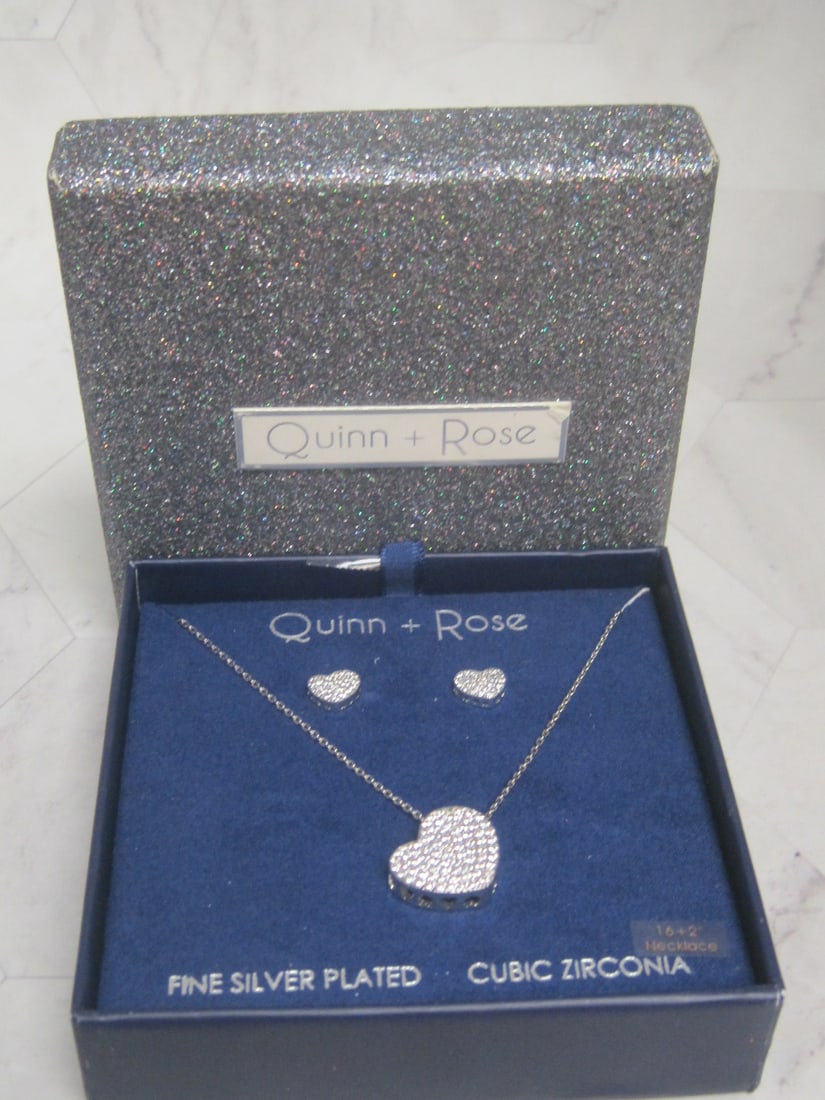 16" New Quinn Rose Silverplated CZ Heart Necklace & Earring Set: In box