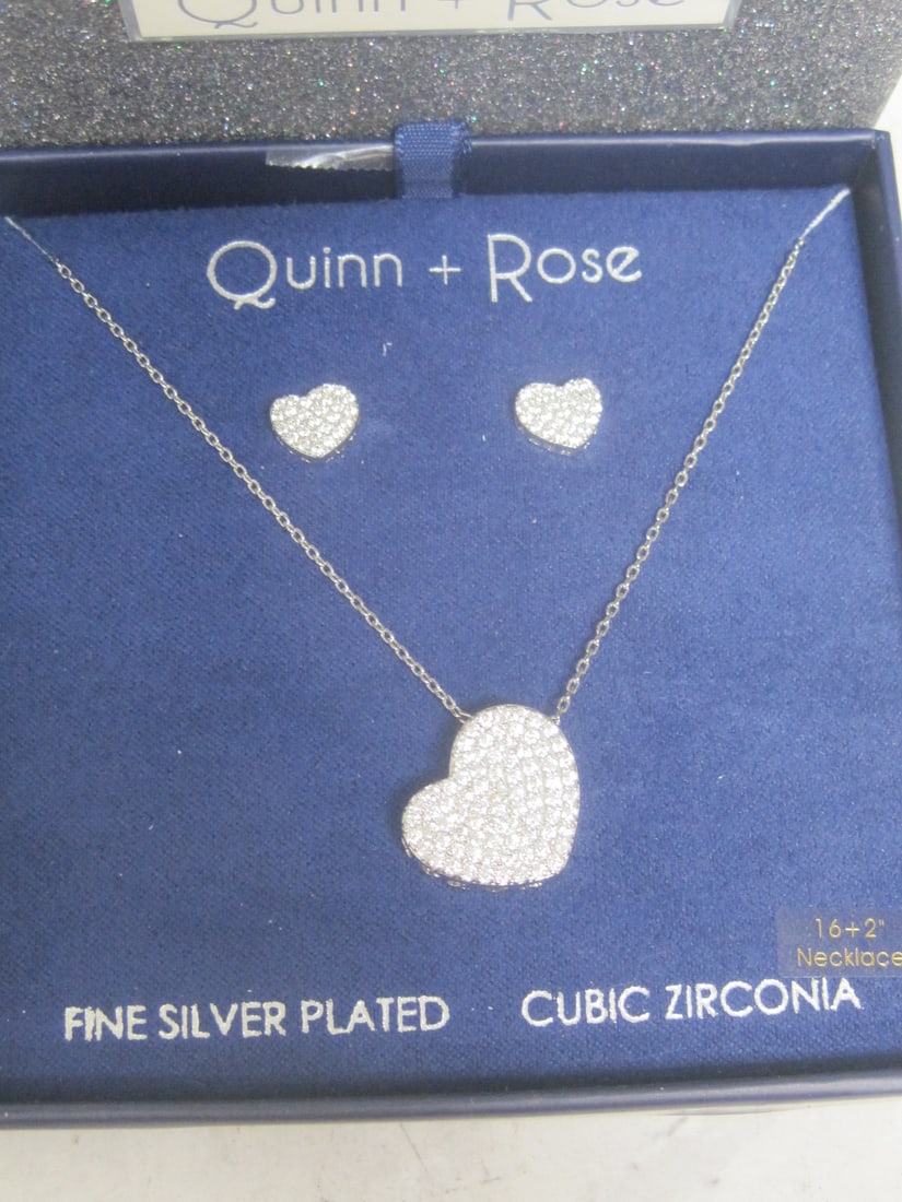 16" New Quinn Rose Silverplated CZ Heart Necklace & Earring Set - 2