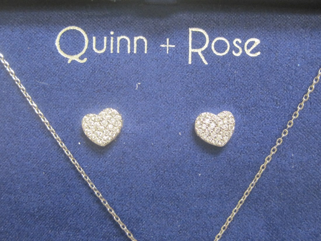 16" New Quinn Rose Silverplated CZ Heart Necklace & Earring Set - 4