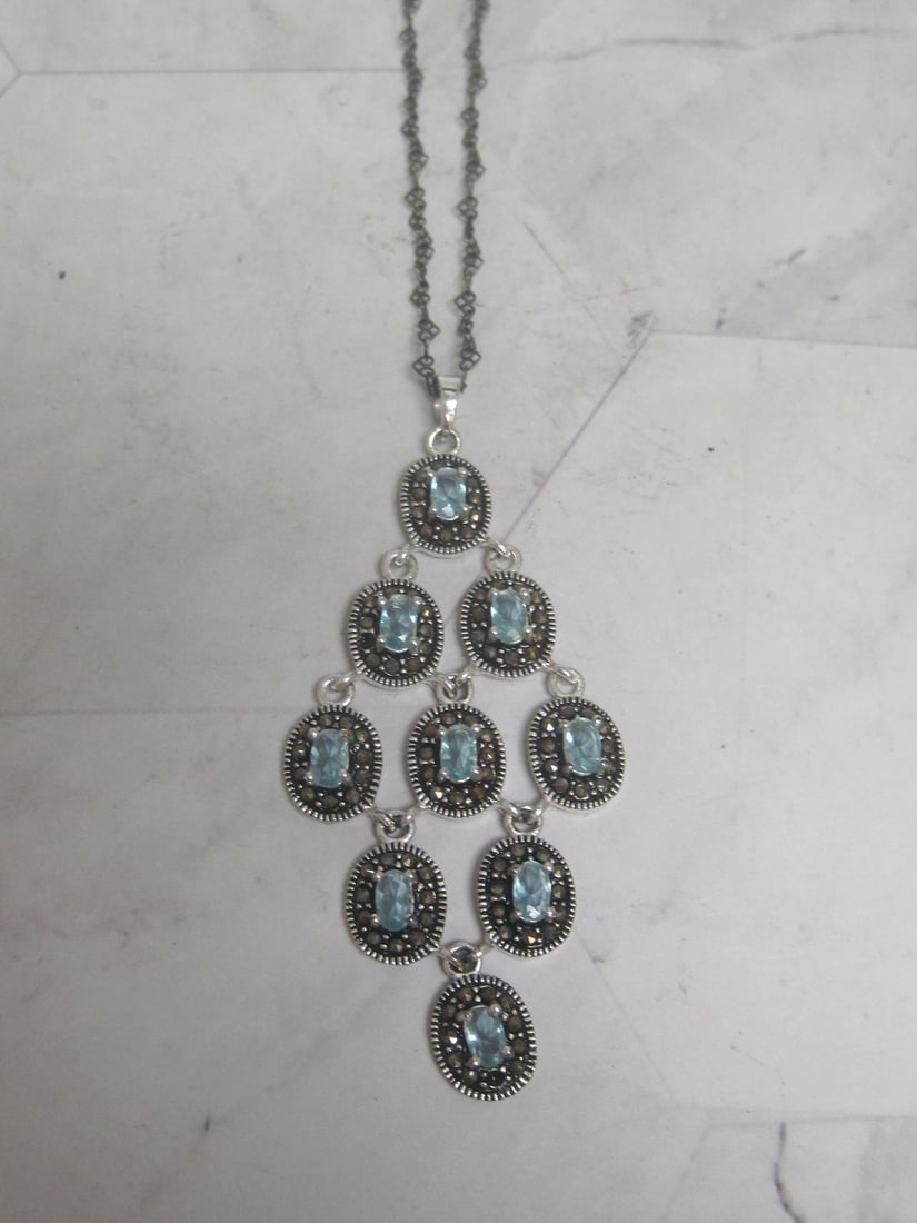 Sterling Silver Blue Topaz & Marcasite Chandelier Pendant on 16" Sterling Silver Chain: Weighs 9.6 grams