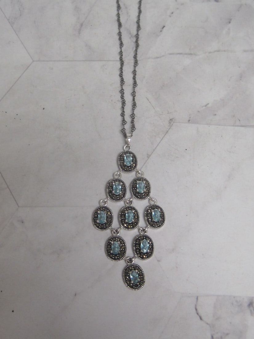 Sterling Silver Blue Topaz & Marcasite Chandelier Pendant on 16" Sterling Silver Chain - 2