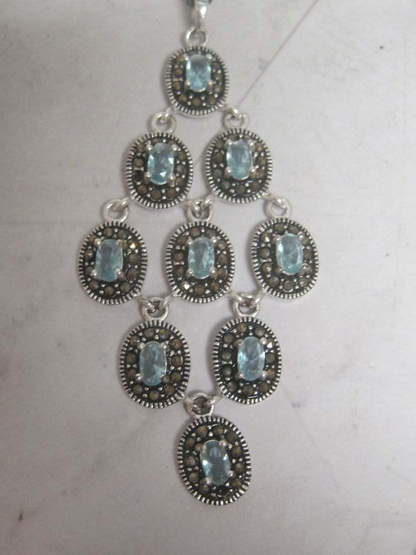 Sterling Silver Blue Topaz & Marcasite Chandelier Pendant on 16" Sterling Silver Chain - 3