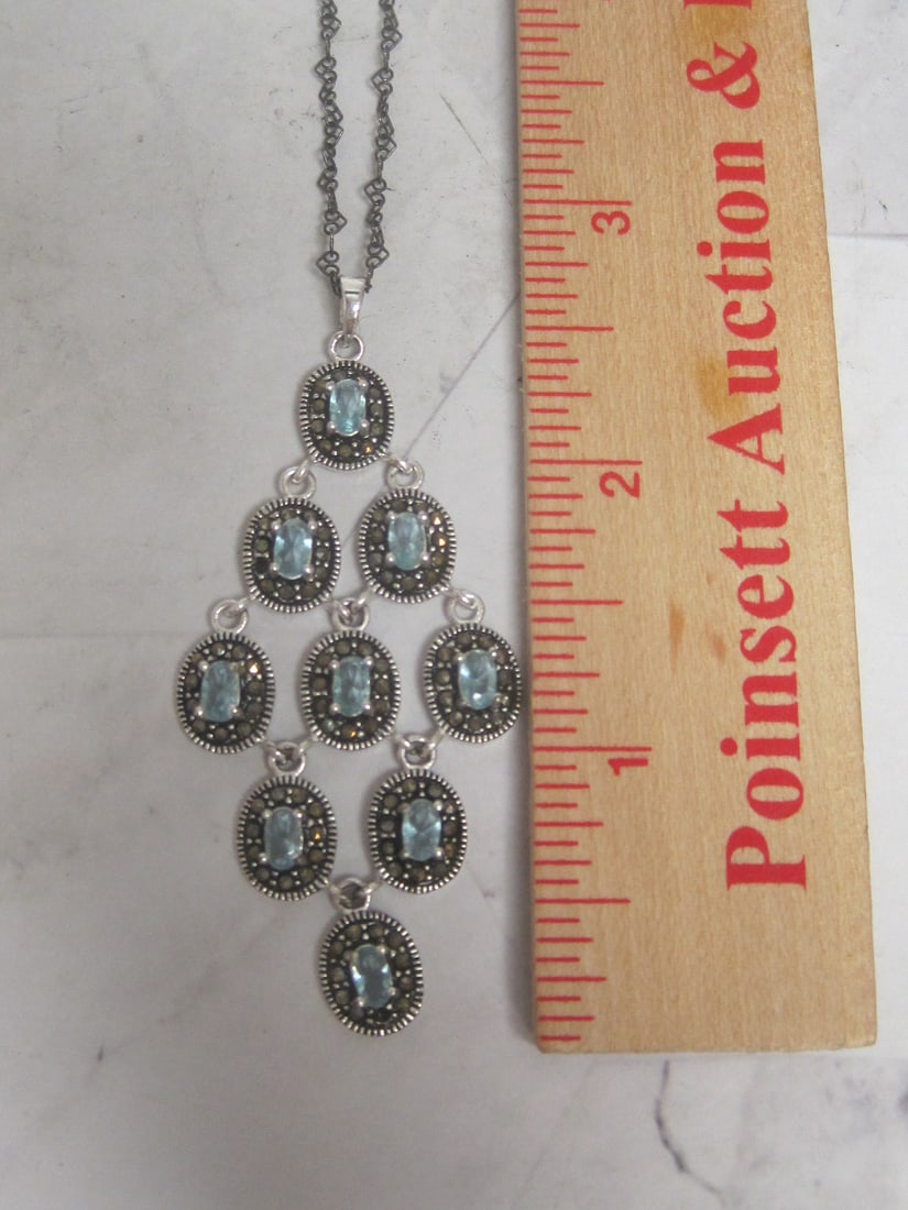 Sterling Silver Blue Topaz & Marcasite Chandelier Pendant on 16" Sterling Silver Chain - 5