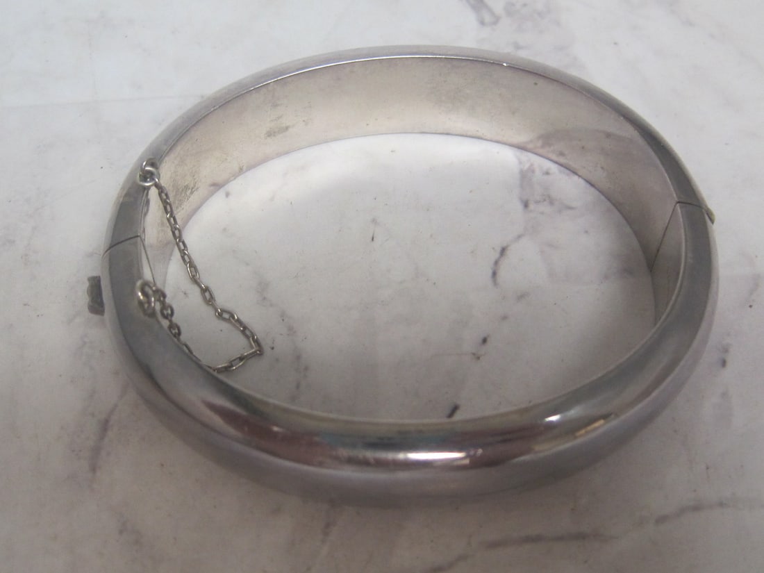 Sterling Silver 950 Wide Hinged Bangle Bracelet with Safety Chain - 2