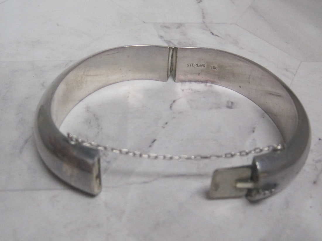 Sterling Silver 950 Wide Hinged Bangle Bracelet with Safety Chain - 3