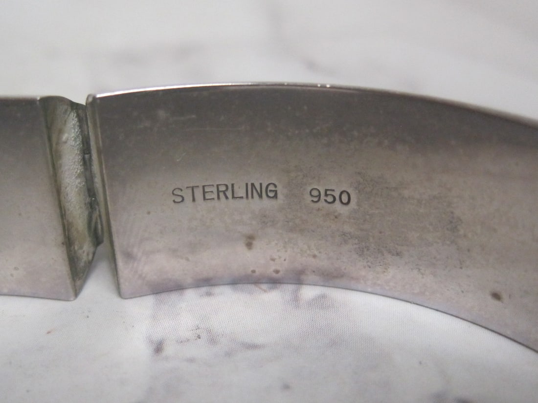 Sterling Silver 950 Wide Hinged Bangle Bracelet with Safety Chain - 4