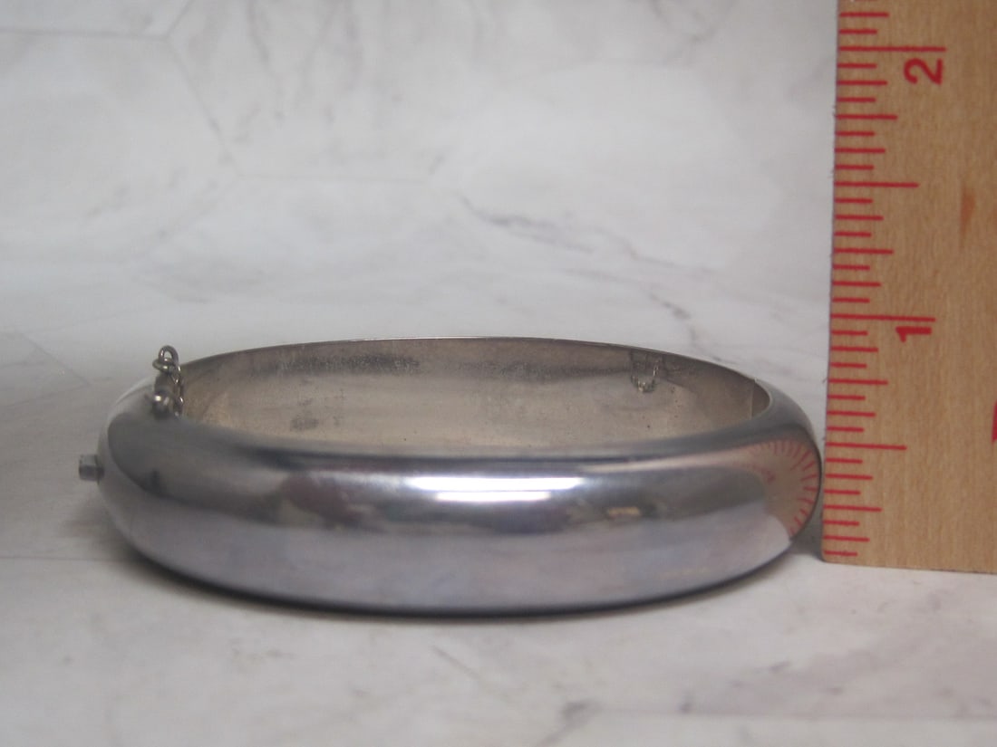 Sterling Silver 950 Wide Hinged Bangle Bracelet with Safety Chain - 5