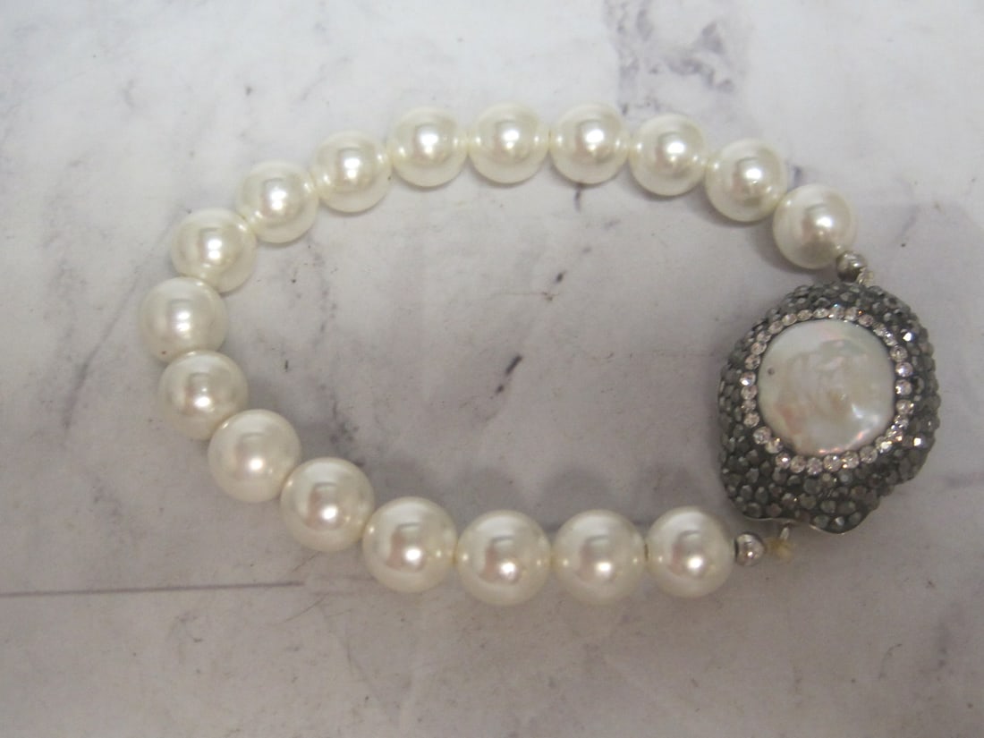 Pearl Stretch Bracelet with Sterling Silver Fresh Water Pearl & Marcasite Accent: .