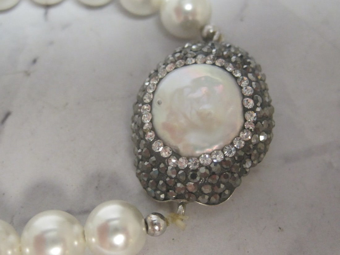 Pearl Stretch Bracelet with Sterling Silver Fresh Water Pearl & Marcasite Accent - 2