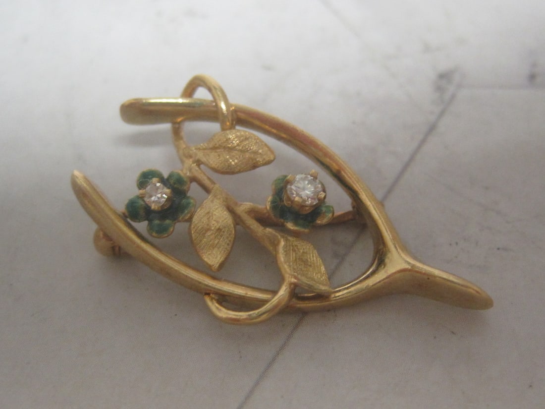 14k Gold Brooch with 2 Green Enamel Flowers with Diamonds: Weighs 3.9 grams