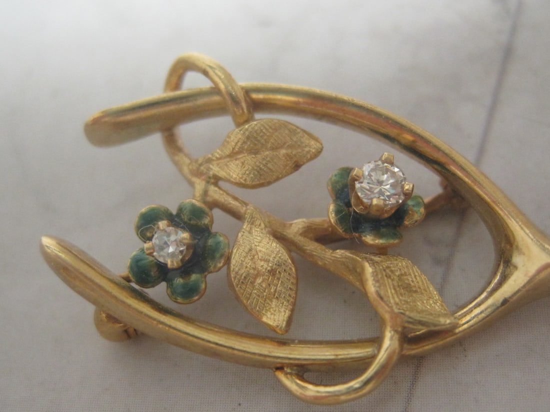 14k Gold Brooch with 2 Green Enamel Flowers with Diamonds - 2