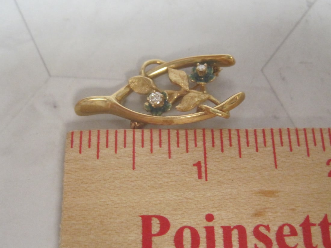 14k Gold Brooch with 2 Green Enamel Flowers with Diamonds - 5