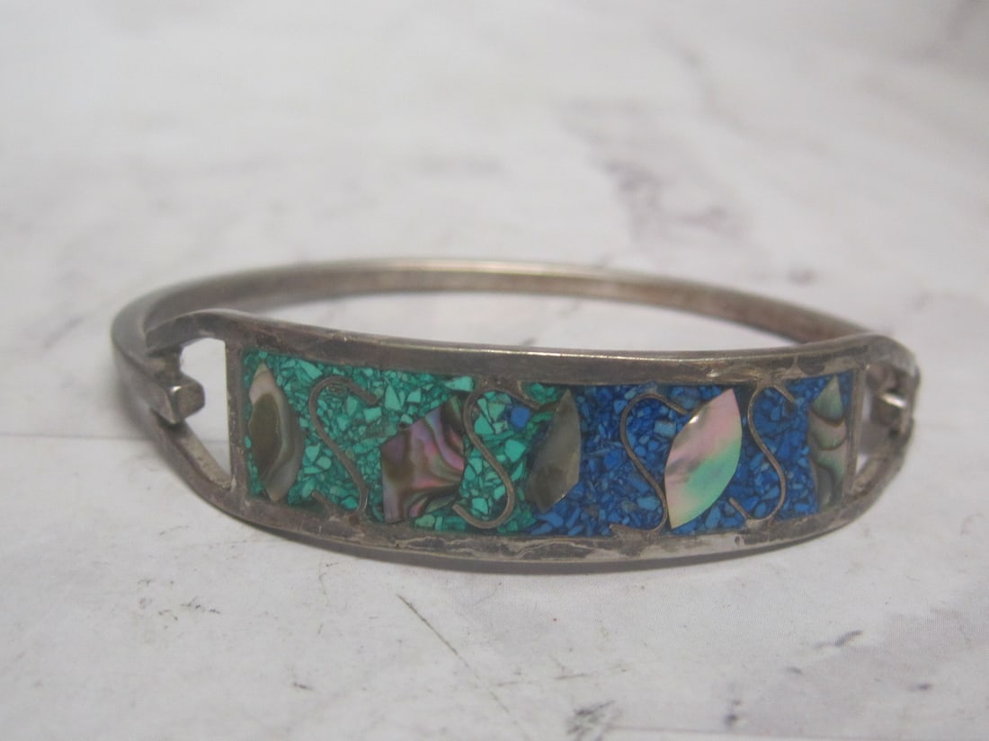 Mexican Silver Bracelet with Inlaid Turquoise & Mother of Pearl (1 of 7)