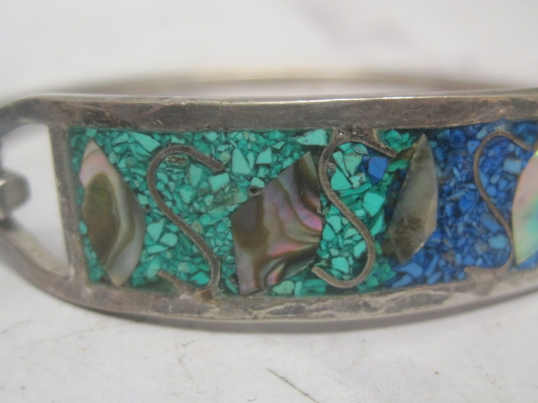 Mexican Silver Bracelet with Inlaid Turquoise & Mother of Pearl - 2