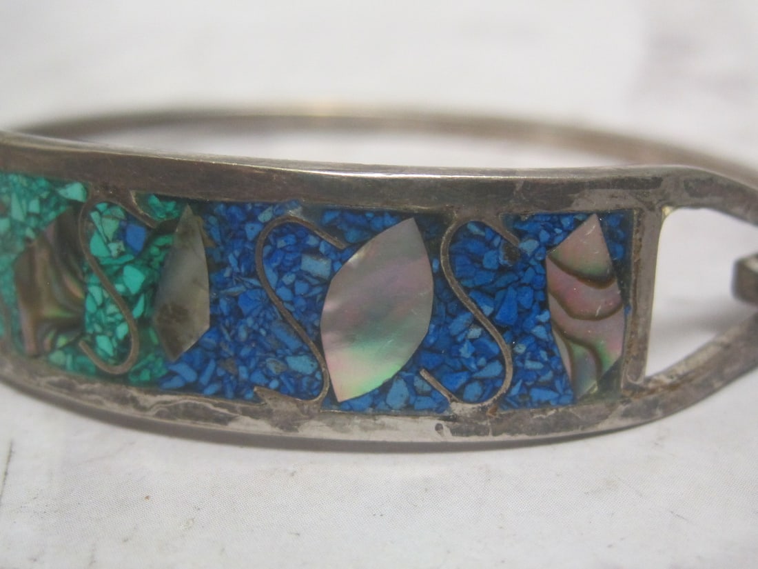 Mexican Silver Bracelet with Inlaid Turquoise & Mother of Pearl - 3