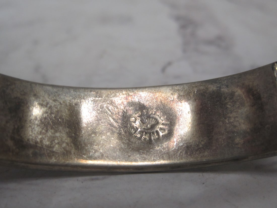 Mexican Silver Bracelet with Inlaid Turquoise & Mother of Pearl - 5