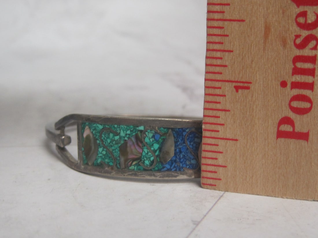 Mexican Silver Bracelet with Inlaid Turquoise & Mother of Pearl - 7
