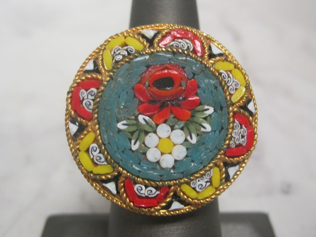 Italian Micro Mosaic Floral Ring: Adjustable