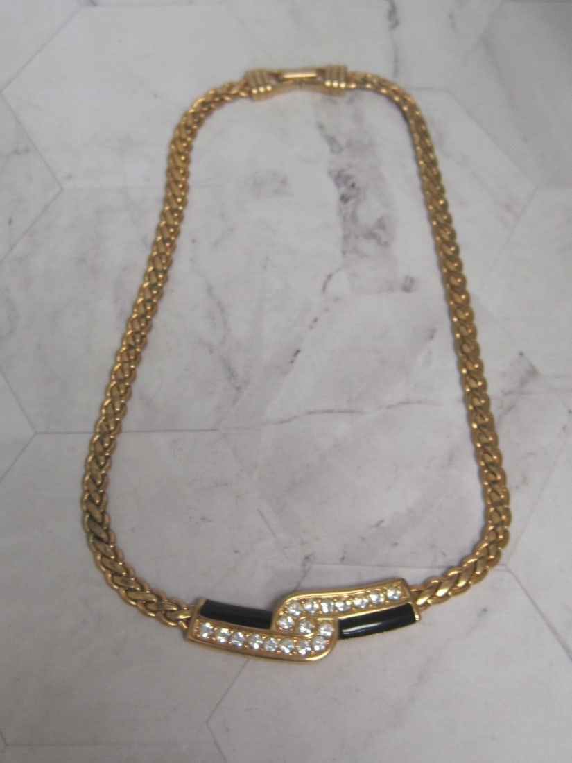 16" Swarovski Crystal Gold-Plated & Black Enamel Necklace: .