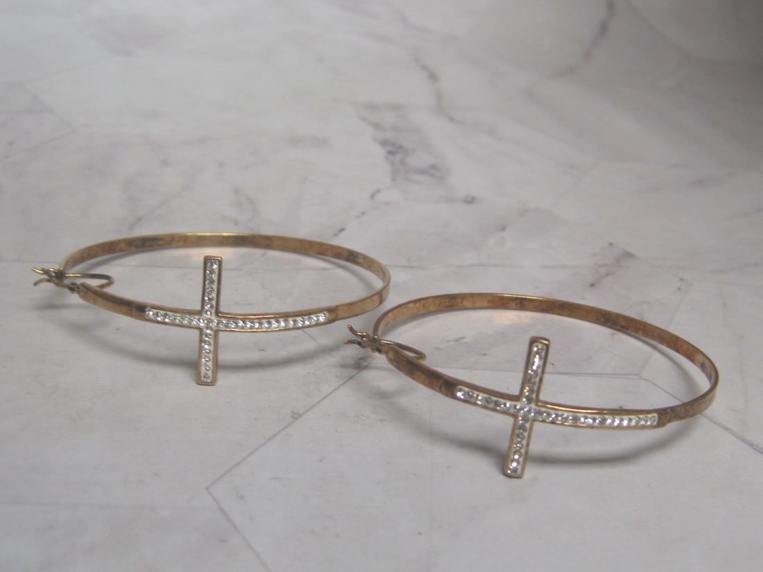 Sterling Silver Vermeil CZ Cross Large Hoop Earrings: Weighs 9.6 grams