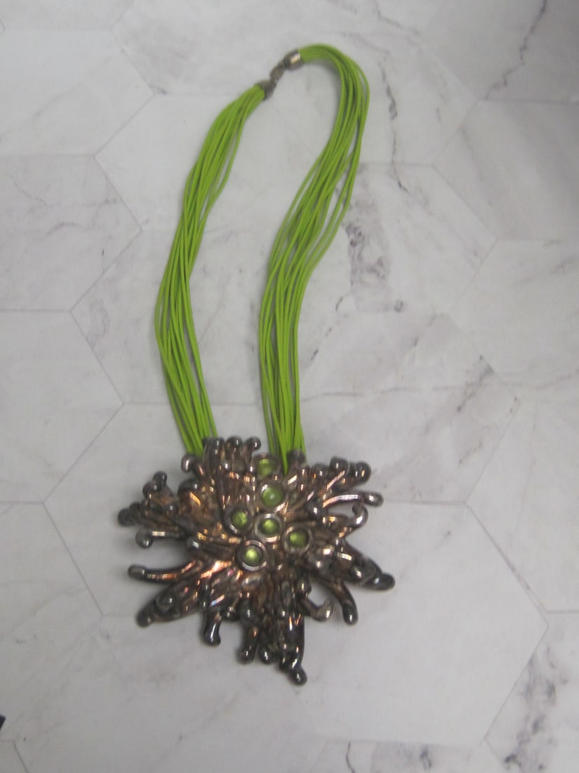 Sterling Silver with Green Stones Modernist Pendant from Israel on Necklace: Weighs 34.8 grams, Multi-strandd green necklace with sterling silver clasp