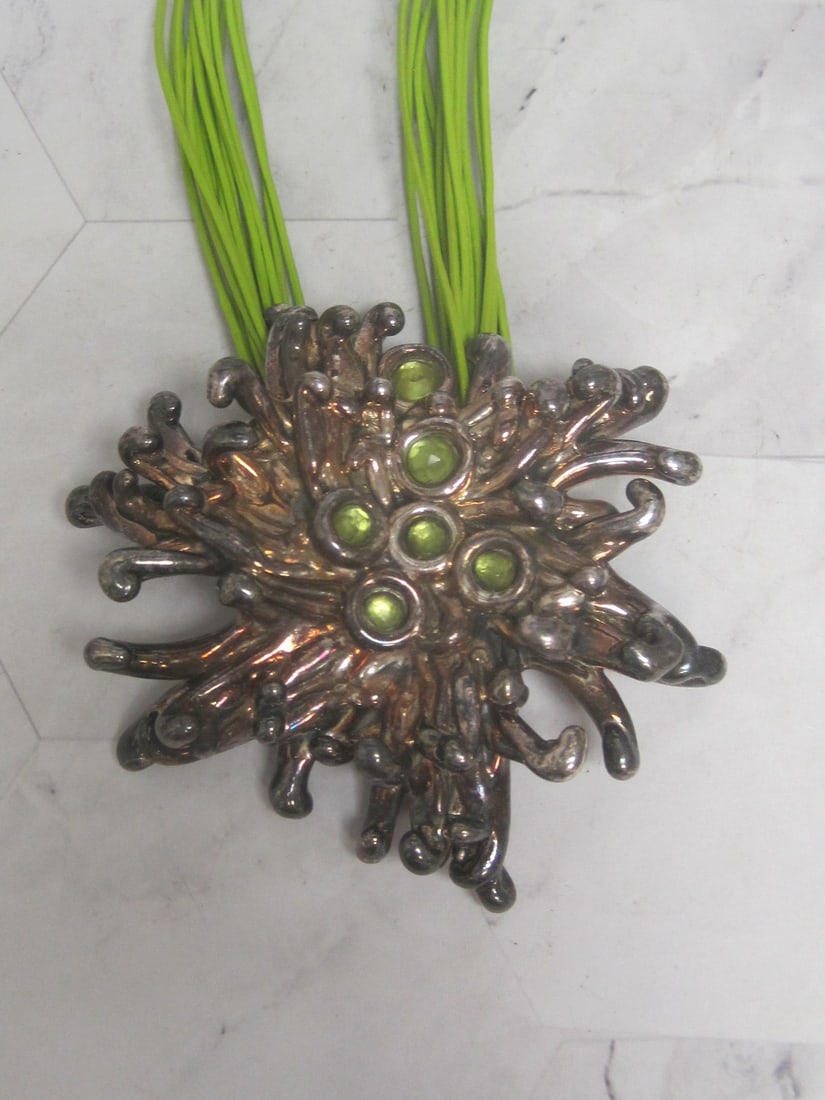 Sterling Silver with Green Stones Modernist Pendant from Israel on Necklace - 2